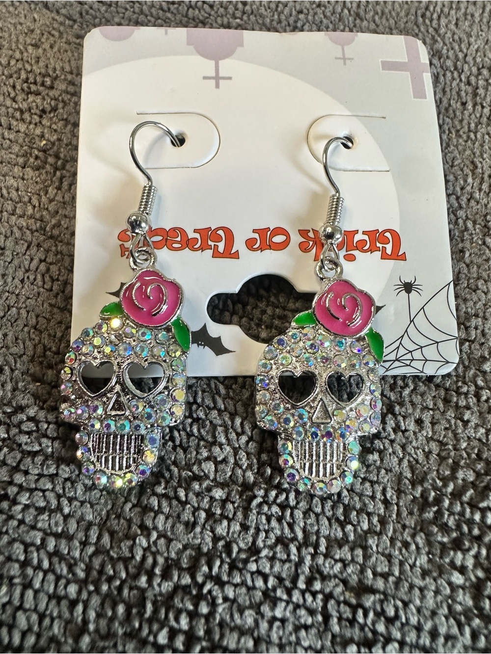 Pink Rose Sugar Skull Rhinestone Dangle Earrings